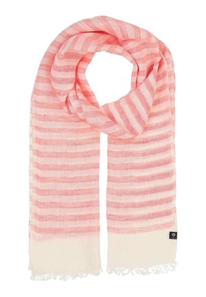 Light pink and white striped lightweight scarf with fringed edges and a small black brand tag on one end.