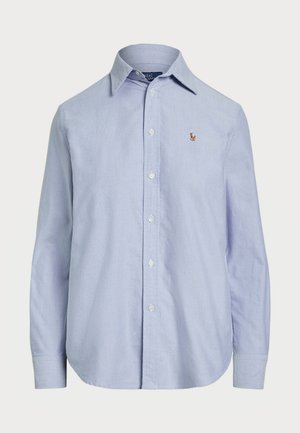 Light blue button-up shirt made of cotton, featuring a classic collar, long sleeves, and a small embroidered logo on the chest.
