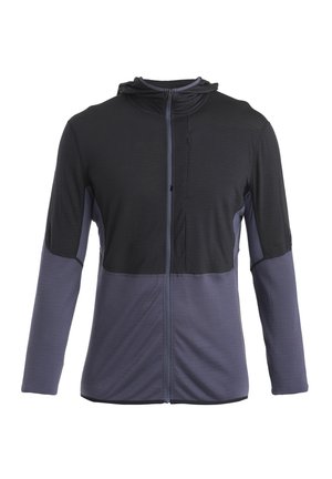 Hooded zip jacket made of two-tone fabric, featuring a dark upper portion and a lighter lower section. Smooth texture, long sleeves, and front pocket.