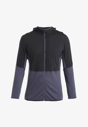 Kapuzenshirt mit Reißverschluss aus zweifarbigem Stoff, mit einem dunklen Oberteil und einem helleren unteren Abschnitt. Glatte Textur, lange Ärmel und Fronttasche.
