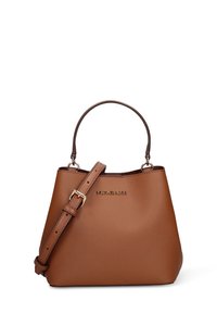 Bruine leren emmer tas met een gestructureerde vorm, dubbele handvatten en een verstelbare schouderband. Voorzien van een gouden logodetail aan de voorkant.