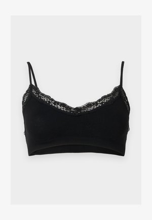 Sort bralette med tynde skulderstropper og blondekant langs de øverste kanter, vist mod en ensfarvet lys baggrund.