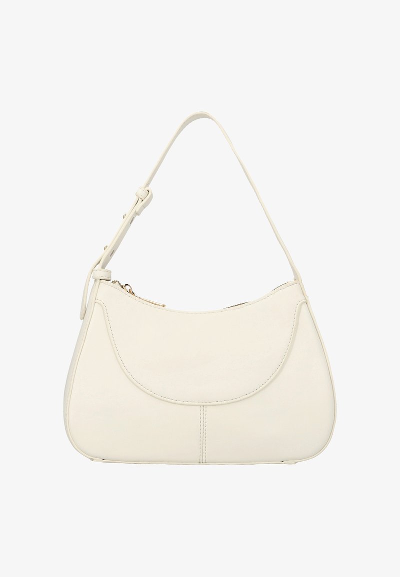 Bolso de piel blanca con diseño curvo, una sola correa para el hombro, cierre de cremallera y sutiles detalles de costura. Textura suave y estilo minimalista.