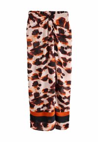 Multikleuren lange rok met een luipaardprint in tinten van oranje en zwart, met een geraffineerde taille en een contrasterende zoom.