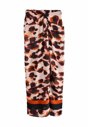Multikleuren lange rok met een luipaardprint in tinten van oranje en zwart, met een geraffineerde taille en een contrasterende zoom.