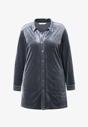 Samt, dunkelgraunes Hemd mit langen Ärmeln, spitzem Kragen und Knöpfen auf der Vorderseite; zeichnet sich durch eine glatte Textur und einen geraden Schnitt aus.