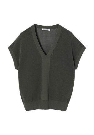 Olivově zelený pletený top s výstřihem do V, krátkými rukávy a texturovaným vzorem. Má dobře padnoucí spodní lem a lehký design.