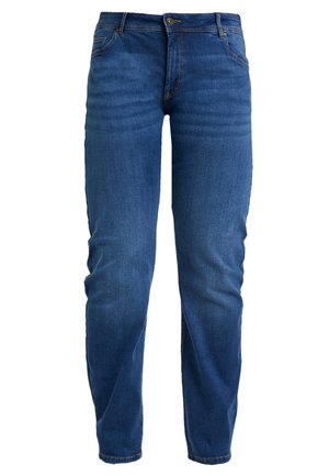 Jeans en denim bleu avec une coupe droite, style cinq poches et décoloration subtile. Présente une fermeture à bouton et des détails cousus.