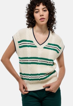 Gilet en tricot crème avec un col en V, à manches courtes, présentant des rayures vertes et bleu marine ainsi que des détails en câble texturé.