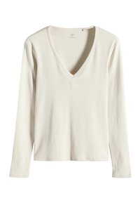 Cremfarbener, ribbeliger Langarm-Top mit V-Ausschnitt, weicher Textur und lässiger Passform. Der Stoff ist leicht und dehnbar.