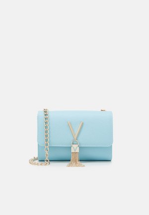 Light blue rectangular handbag with gold chain strap, gold "V" clasp, and gold tassel detail on front flap.