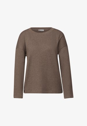 Brauner Langarm-Sweatshirt mit strukturiertem Muster, rundem Ausschnitt und seitlichen Saumakzenten. Verfügt über dezente Details am Saum.