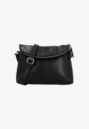 Musta nahkainen olkalaukku, jossa on taitettava läppä, vetoketjullinen suljenta, säädettävä hihna ja sileä pinta. Varustettu hopeanvärisillä metalliosilla.