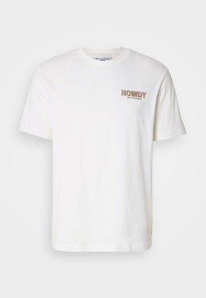 Witte katoenen T-shirt met een "HOWDY" grafiek in bruine en gouden tinten. Klassieke ronde hals en korte mouwen, met een rechte zoom.