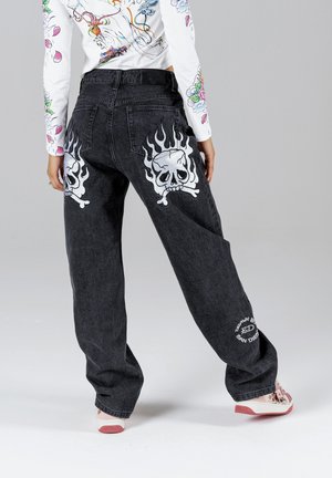 FLAMING SKULL - Relaxed fit jeans - washed black