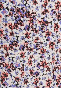 Floral fabric featuring a black background with clusters of white, pink, and purple flowers. Soft texture, densely patterned design.