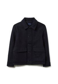 Giacca blu navy realizzata in tessuto morbido, con chiusura a bottoni, colletto a punta e due grandi tasche con risvolto davanti.