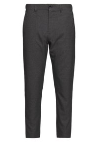 Pantaloni sartoriali grigio scuro in tessuto strutturato, con chiusura classica a bottone e design a gamba affusolata.