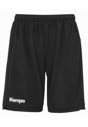 Schwarze Sportshorts aus atmungsaktivem Material. Mit einem elastischen Bund und einem weißen "Kempa"-Logo auf dem linken Bein.