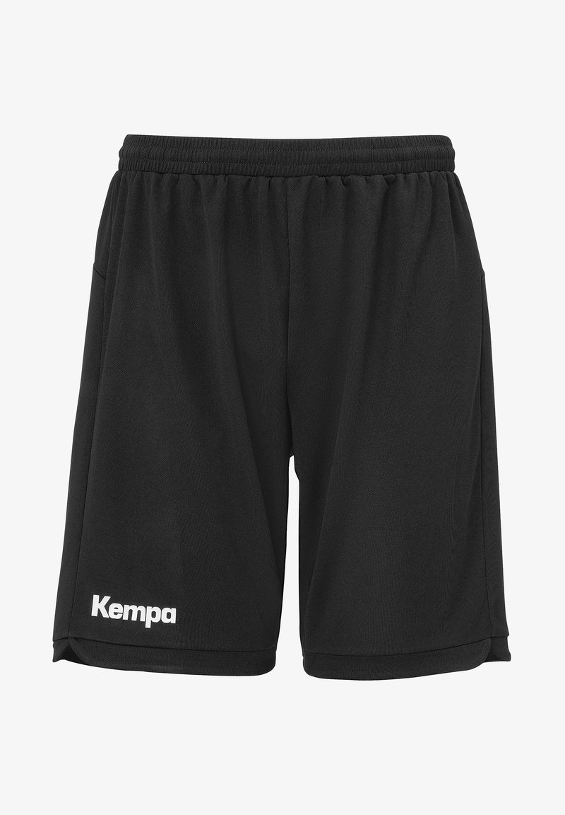 Shorts de sport noirs en tissu respirant. Dotés d'une taille élastique et d'un logo "Kempa" blanc sur la jambe gauche.