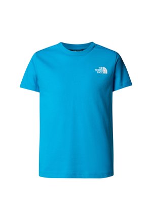 Kurzärmeliges T-Shirt mit Rundhalsausschnitt aus leuchtend blauem Baumwollstoff. Mit kleinem weißem Logo auf der linken Brust. Glatte Textur, reguläre Passform.