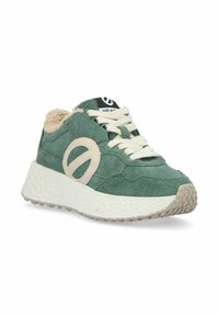 Green suede sneakers with a beige accent, textured sole, and plush interior lining. Features rounded shape and flat lace design.
