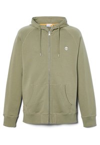 Sweat à capuche zippé vert olive avec poches avant, capuche à cordon et petit logo arbre blanc sur la poitrine.