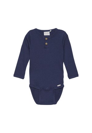 Marinblå långärmad bodysuit med ribbad textur, med två träknappar vid halslinningen och justerbart knytband i midjan.