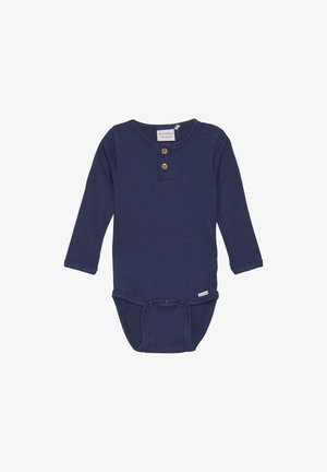 Navy-blauer Langarm-Body mit gerippter Textur, ausgestattet mit zwei Holzknöpfen am Ausschnitt und einer verstellbaren Schnürung in der Taille.