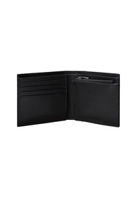 Portafoglio nero in pelle con superficie strutturata, dotato di molteplici fessure per carte e un comparto con zip per monete. Design compatto e funzionale.