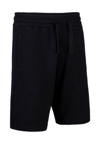 Schwarze Baumwollshorts mit elastischem Bund, Kordelzug und Seitentaschen. Glatte Textur mit knie-langer Passform.