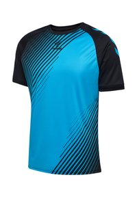 Blå idrottströja med svarta ärmar. Har diagonala svarta ränder över framsidan, lättviktig tyg och rundad halsringning.