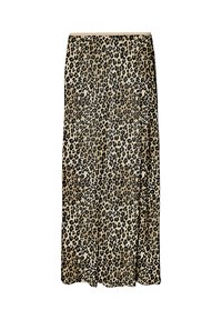 Jupe maxi en imprimé léopard avec un fond beige, ornée de taches noires et brunes, fabriquée en tissu doux et léger. Taille élastique en haut.