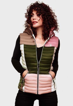 Puffer vest in green, pink, brown, and white colors; features a zip front, hood, and two side pockets; quilted texture.