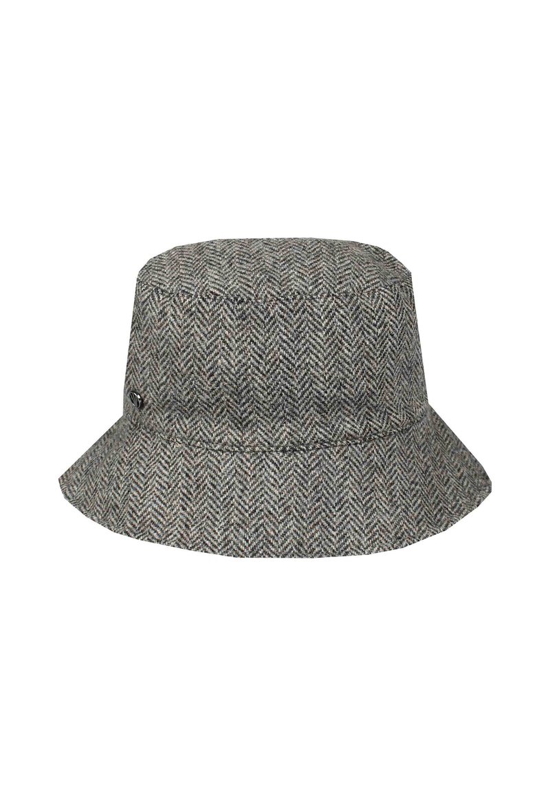 Grå herringbone-mønstret bøttehat med en lille metal logo-detalje på siden mod en hvid baggrund.