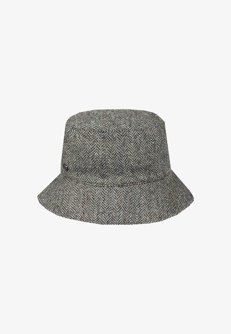 Grå herringbone-mønstret bøttehat med en lille metal logo-detalje på siden mod en hvid baggrund.
