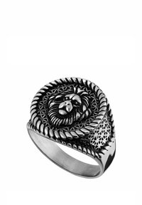Zwarte leeuwenhoofd ring met ingewikkelde details, een touwachtige rand en een gestructureerde band. Gemaakt van gepolijst metaal met een matte afwerking.