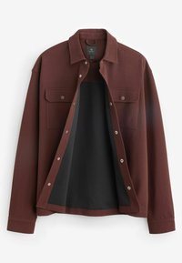 Bordeaux skjorte med knapper og to frontlommer, trykknapper og sort inderside. Lavet af et tekstureret stof med en struktureret design.