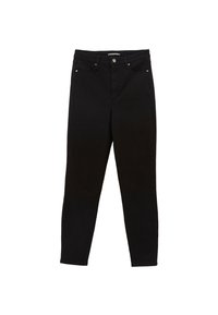 Jeans skinny de mezclilla negra con cintura alta, que cuentan con bolsillos frontales, bolsillos traseros y detalles en tono plateado en los botones y remaches.