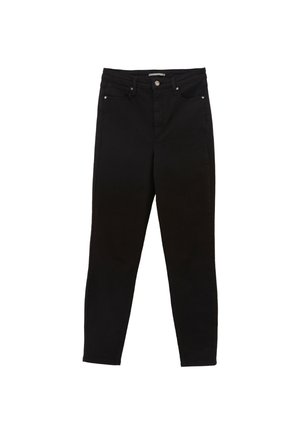 Sorte denim skinny jeans med høj talje, der har forlommer, baglommer og detaljer i sølvtonet knap og nitter.