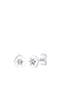 Zilveren hexagonale studs met een sterontwerp en een centrale rhinestone, gepolijste afwerking en een veilige sluiting.