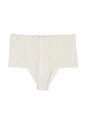 Crèmekleurig kanten lingerie met brede bloemrijke kanten tailleband en gladde stof onderkant, ontworpen als een slip met hoge taille.
