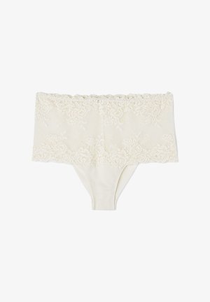 Crèmekleurig kanten lingerie met brede bloemrijke kanten tailleband en gladde stof onderkant, ontworpen als een slip met hoge taille.