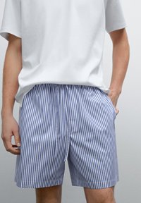 Pantaloni shorts a righe blu e bianche con vita elasticizzata e cordoncino, realizzati in tessuto leggero, dotati di tasche laterali e vestibilità comoda.