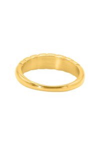 Goldring mit glatter, polierter Oberfläche und einer welligen, strukturierten Kante. Einfaches, rundes Design ohne Edelsteine oder zusätzliche Verzierungen.