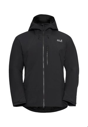 Giacca nera impermeabile con cappuccio, zip frontale e polsini elasticizzati. Presenta il logo sul petto e una finitura liscia e opaca.