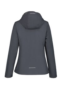 Giacca impermeabile grigia con cappuccio, maniche lunghe e un accento riflettente sul orlo posteriore. Finitura liscia e design strutturato.