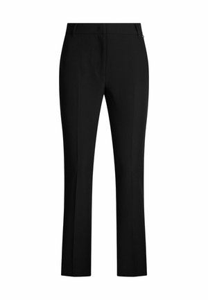 Pantaloni neri realizzati in un tessuto liscio, con un taglio dritto, tasche anteriori e posteriori, e una piega sottile sulla parte anteriore.