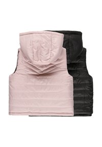 Odwracalna kamizelka puchowa w kolorze różowym i czarnym. Posiada kaptur, pikowaną teksturę i boczne kieszenie. Każda strona eksponuje kontrastujące kolory.