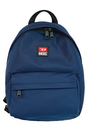Zaino Diesel blu navy con tasca frontale con zip, due cursori neri sulla zip del comparto principale e maniglia superiore, su sfondo bianco.